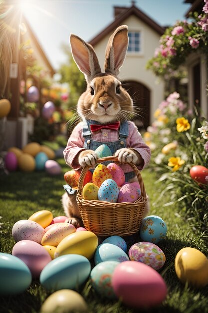 A picture of a large Easter bunny carrying a basket filled with eggs outside