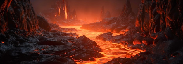 A picture of a lava landscape with a red lava and the words lava on the right