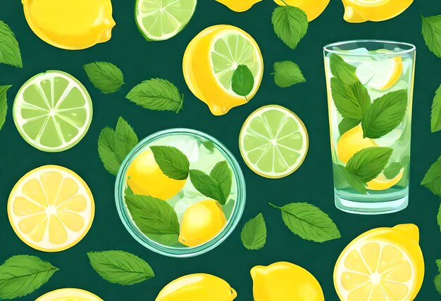 a picture of lemons and mint leaves on a green background