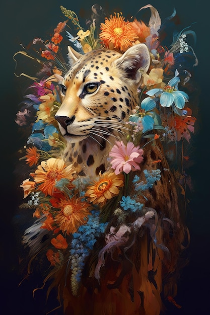 a picture of a leopard with a bouquet of flowers around it