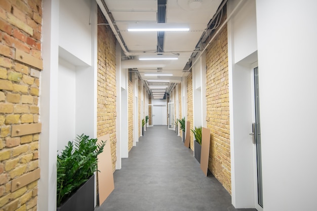 Photo picture of a light modern corridor with brick walls