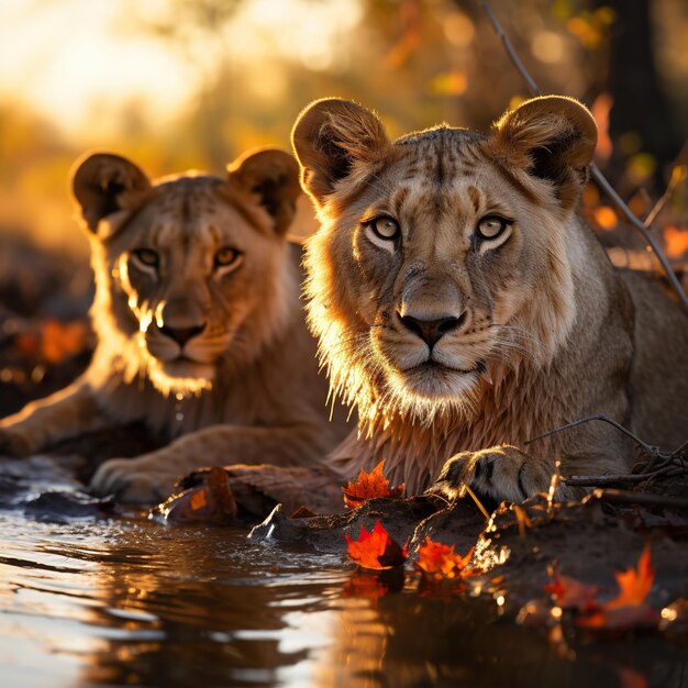 クルーガー国立公園の夕暮れのライオンの仔の写真 南アフリカ ペシシ・パンテラ・レオ フェリデー族 ジェネレーティブAI