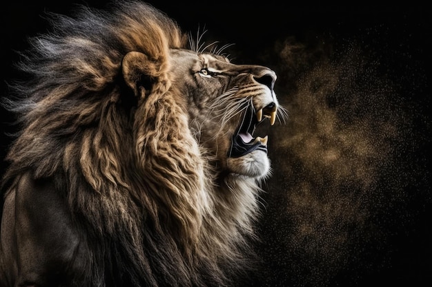 A picture of a lion roaring on black