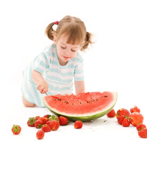 picture of little girl with strawberry and watermelon