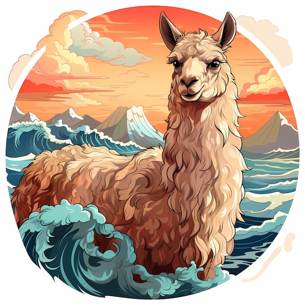 a picture of a llama with the ocean in the background.