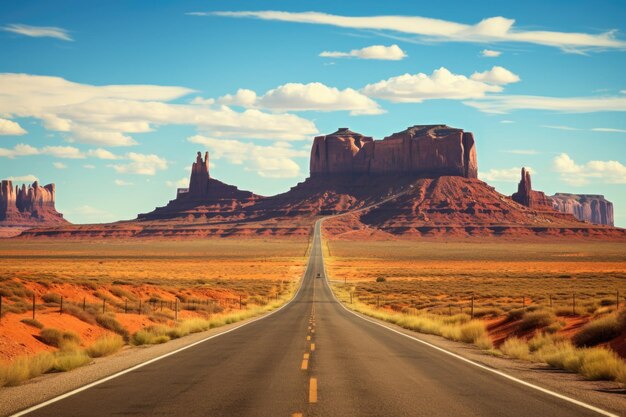 Photo a picture of a long road stretching through the vast desert landscape suitable for travel adventure and exploration themes