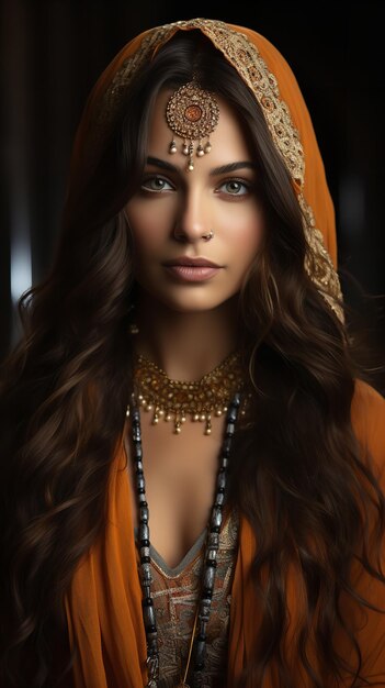 picture of a longhaired brownhaired Punjabi Indian woman wearing jewelry traditional Generative AI