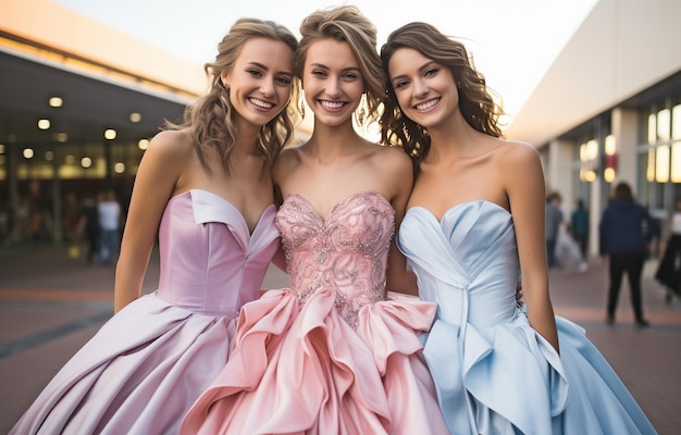 Photo picture of lovely adolescent buddies in prom gowns in a parking lot