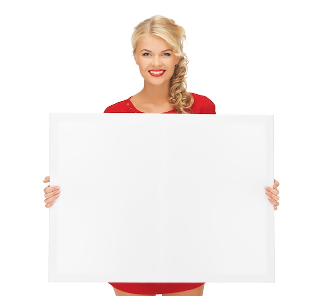 picture of lovely woman in red dress with blank board