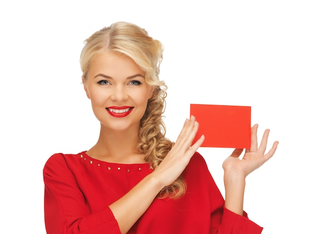 picture of lovely woman in red dress with note card