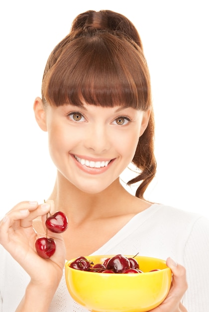 picture of lovely woman with cherries over white