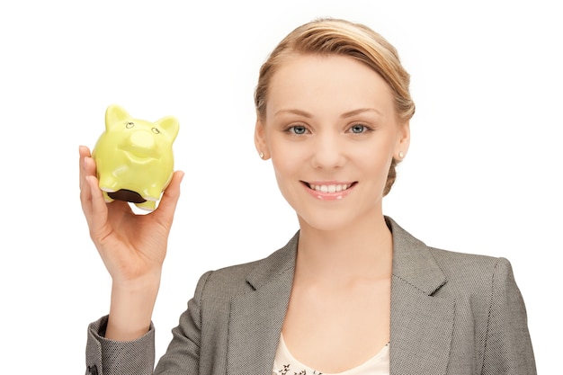 picture of lovely woman with piggy bank