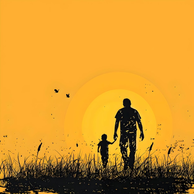 a picture of a man and a child walking in the grass