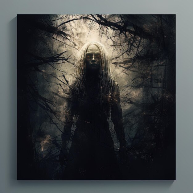 a picture of a man in a dark forest