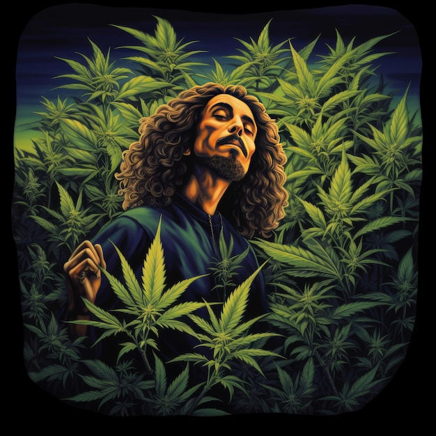 a picture of a man in a field of marijuana and the word " he's a " on it.