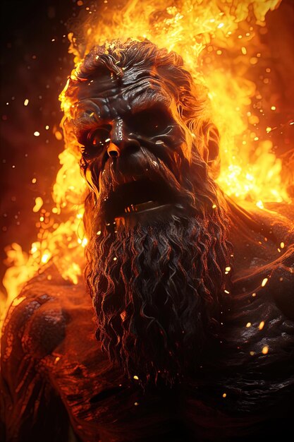 a picture of a man with a beard in a fire