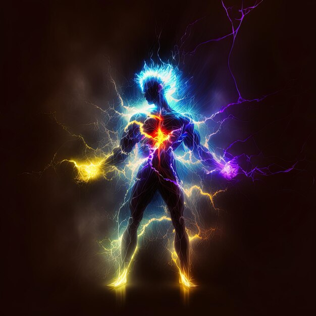 a picture of a man with a flash of lightning