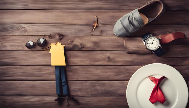 Photo a picture of a man with a yellow shirt and a pair of shoes on the table