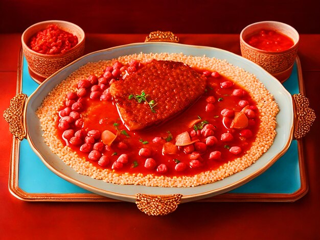 Photo picture of many pieces of moshta fish fillet in red sauce with chickpeas on a large luxurious