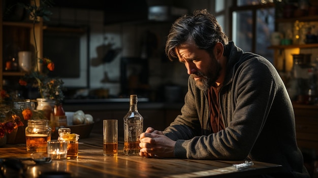 a picture of a miserable alone and intoxicated man in his kitchen