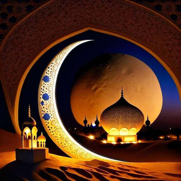 A picture of a moon and a crescent moon with the words ramadan.