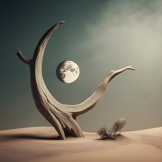 A picture of a moon and a tree trunk with a moon in the background.