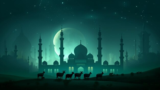 a picture of a mosque with animals in the foreground and a moon in the background