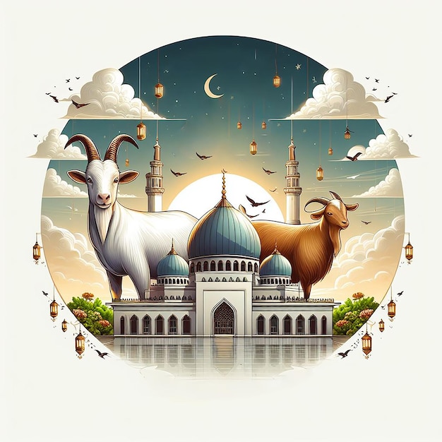 a picture of a mosque with animals in the foreground