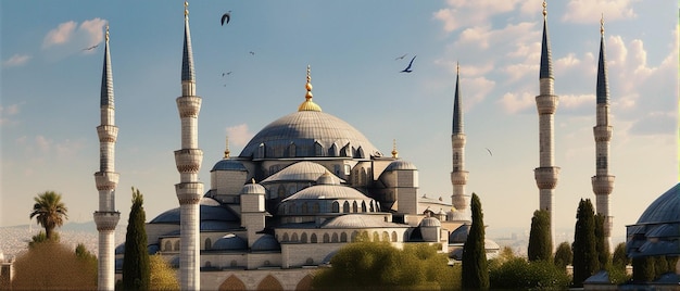 A picture of a mosque with a bird flying above it