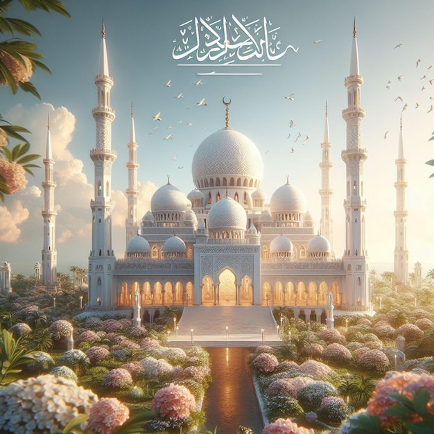 a picture of a mosque with birds flying around it