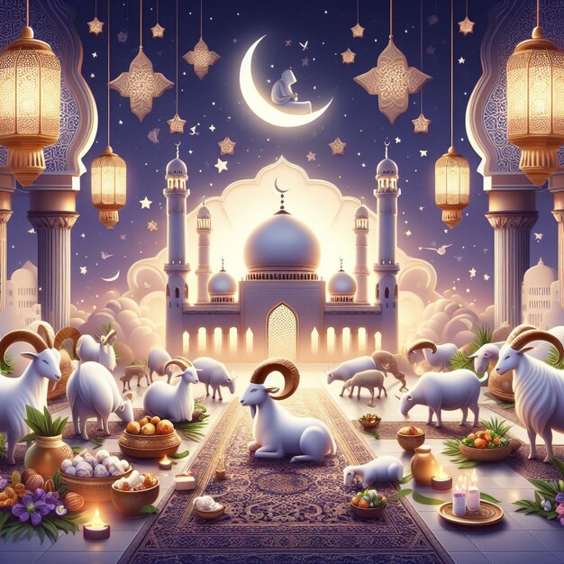 배경에 양과 달이 있는 파란색 배경의 모스크의 그림