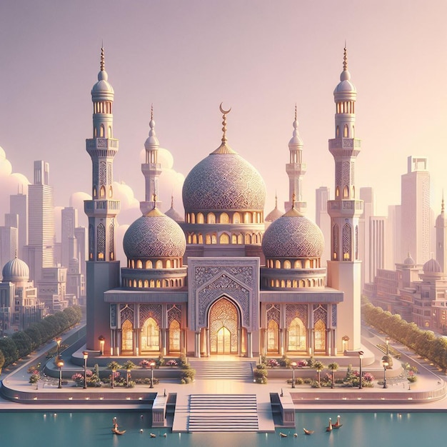 a picture of a mosque with a city in the background