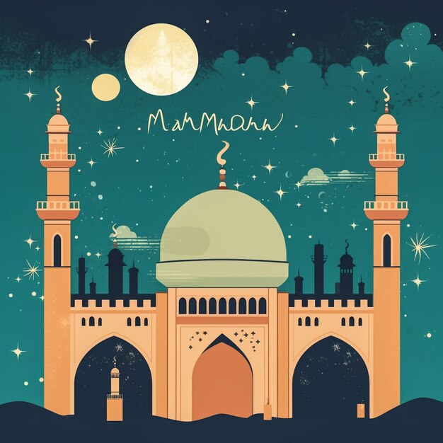Photo a picture of a mosque with a crescent moon and stars in the night sky and the text ramadan mubarak in arabic and english