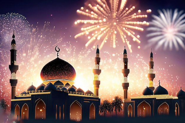 A picture of a mosque with fireworks in the background.