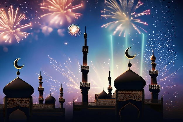 A picture of a mosque with fireworks in the background.