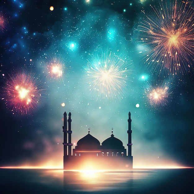 A picture of a mosque with fireworks in the background