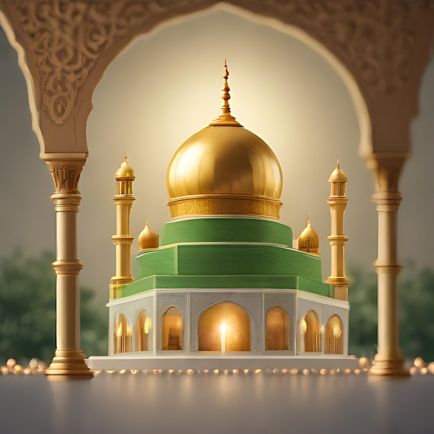 a picture of a mosque with a gold dome and a green roof