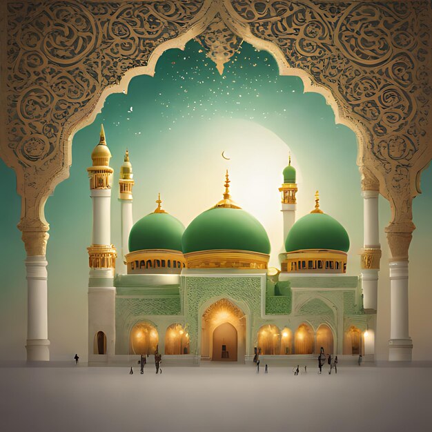 a picture of a mosque with a green dome and a person in the background