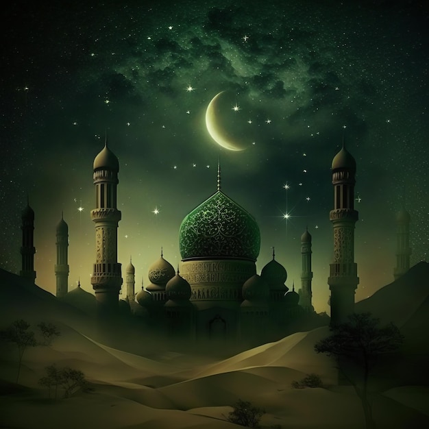 A picture of a mosque with a green moon and stars