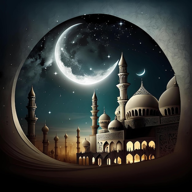 月を背景にしたモスクの写真