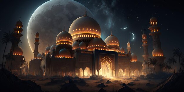 A picture of a mosque with a moon in the background