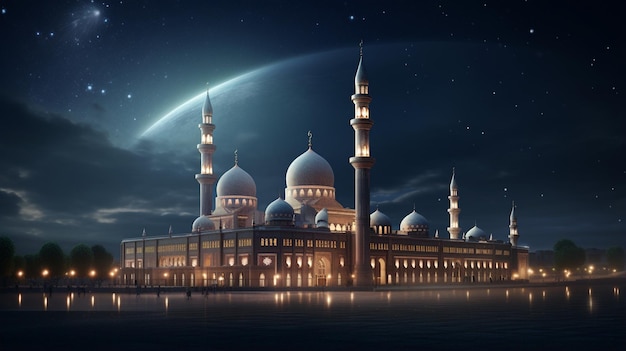 A picture of a mosque with the moon in the background