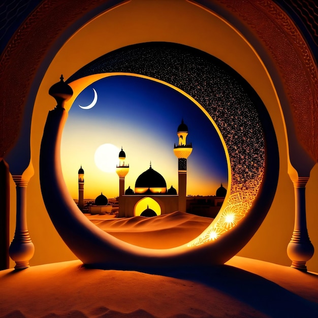 A picture of a mosque with a moon and the moon in the background