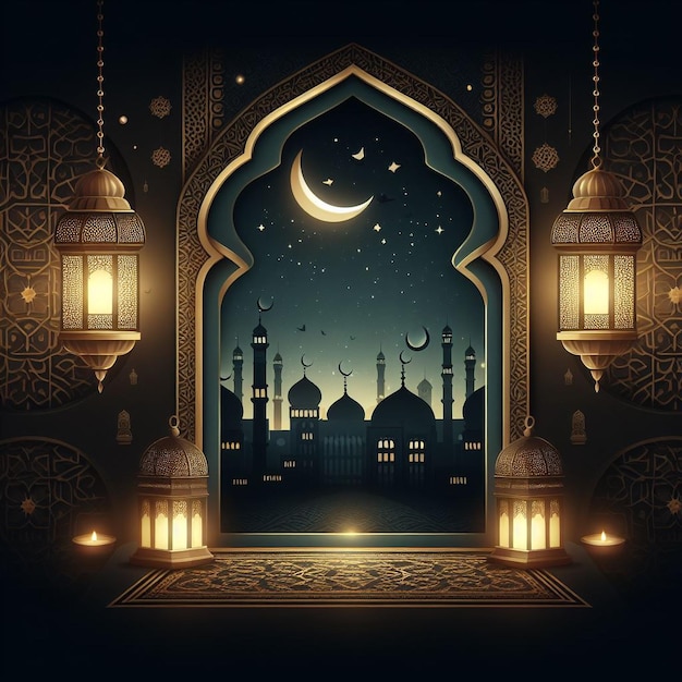 a picture of a mosque with a moon and a mosque in the background