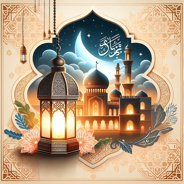 배경에 달과 모스크가 있는 모스크의 그림