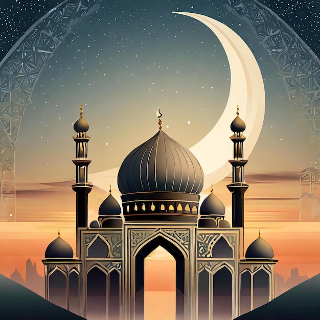 a picture of a mosque with a moon and stars in the background