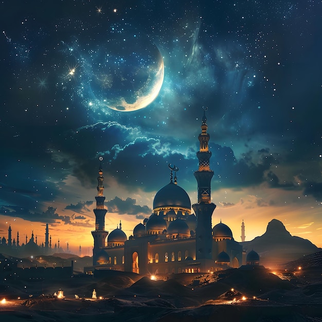 Foto un'immagine di una moschea con una luna e stelle nel cielo