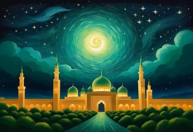 a picture of a mosque with a moon and stars in the sky