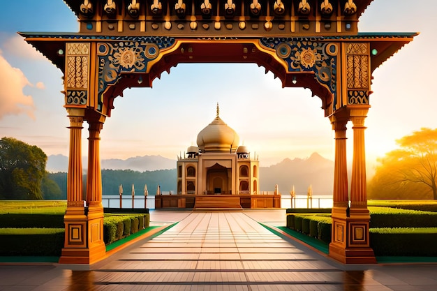 A picture of a mosque with a mountain in the background