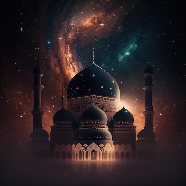 A picture of a mosque with the stars in the background.